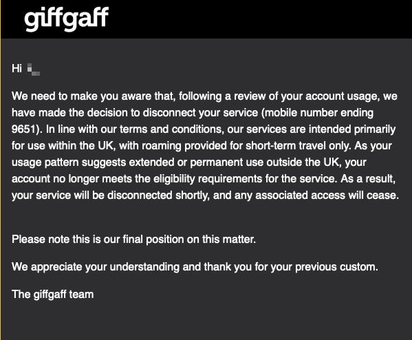 giffgaff 服务断开通知邮件截图